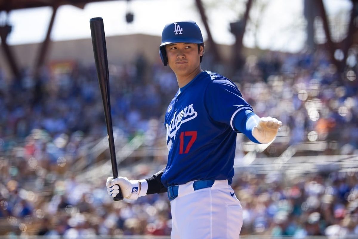 Mar 13, 2024; Phoenix, Arizona, USA; Los Angeles Dodgers designated hitter Shohei Ohtani against the Seattle Mariners during a spring training game at Camelback Ranch-Glendale.