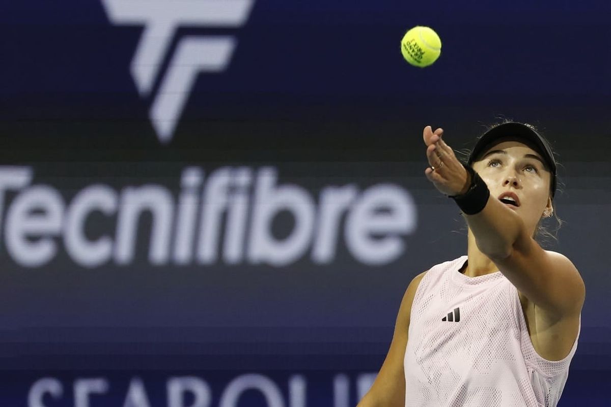 Mar 23, 2023; Miami, Florida, US; Anna Kalinskaya serves against Elena Rybakina (KAZ) (not pictured) on day four of the Miami Open at Hard Rock Stadium.