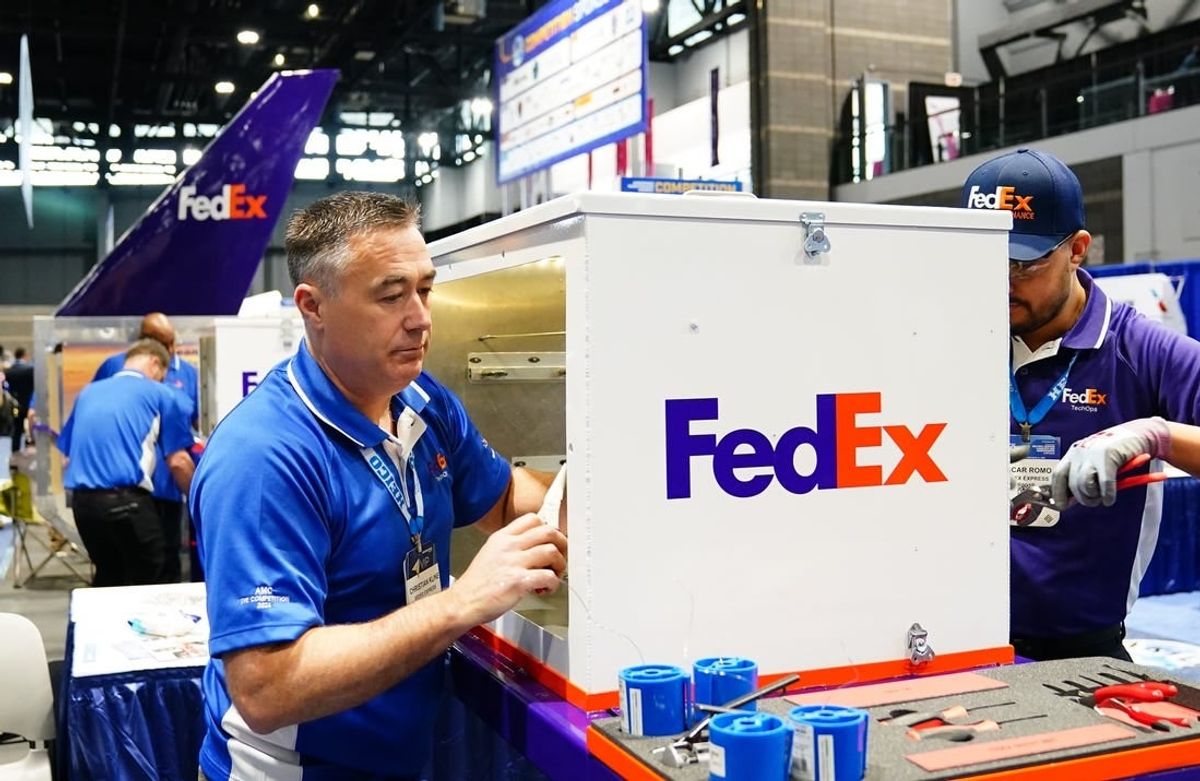 April 10, 2024; Chicago, IL, USA;  Christian Kline of FedEx participates in a safety wiring demonstration as part of the aerospace maintenance competition at the Aviation Week Network's MRO Americas at McCormick Place.