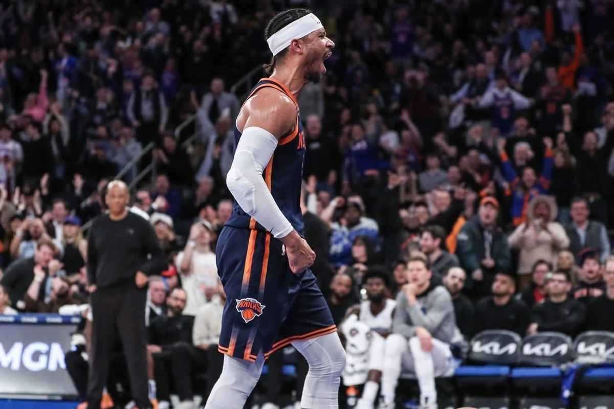Mar 8, 2024; New York, New York, USA;  New York Knicks guard Josh Hart (3) celebrates after scoring in the fourth quarter against the Orlando Magic at Madison Square Garden.
