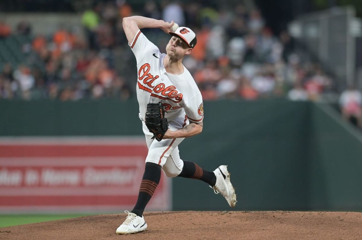 Sep 26, 2023; Baltimore, Maryland, USA;  Baltimore Orioles starting pitcher Kyle Bradish (39) throws a first inning pitch against the Washington Nationals at Oriole Park at Camden Yards.