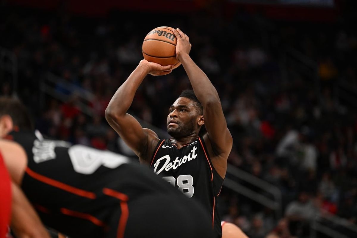 Jan 27, 2024; Detroit, Michigan, USA; Detroit Pistons center Isaiah Stewart (28) shoots a foul shot against the Washington Wizards in the first quarter at Little Caesars Arena.