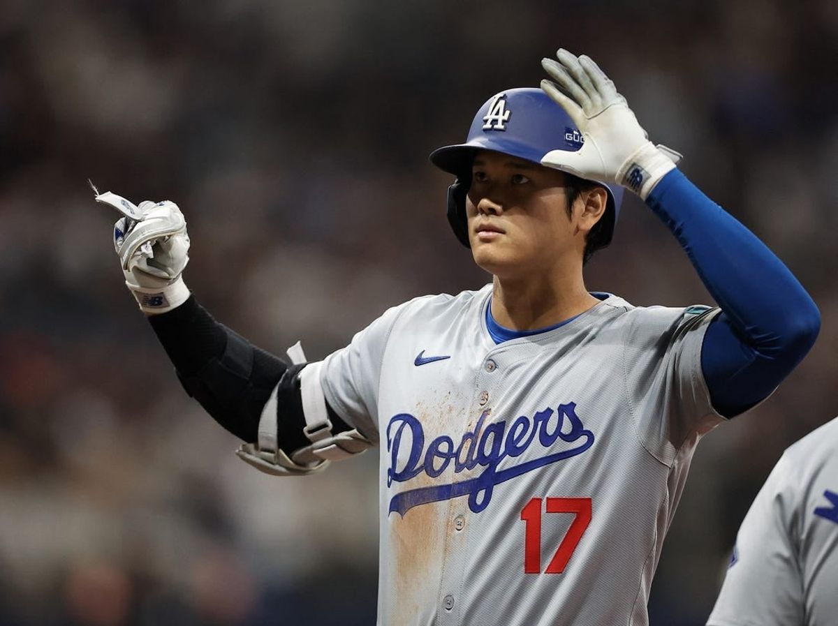Los Angeles Dodgers player Shohei Ohtani reacts against the San Diego Padres during a MLB regular season Seoul Series game at Gocheok Sky Dome.