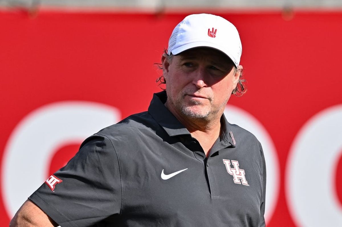 Nov 18, 2023; Houston, Texas, USA; Houston Cougars head coach Dana Holgorsen looks on prior to the game against the Oklahoma State Cowboys at TDECU Stadium.
