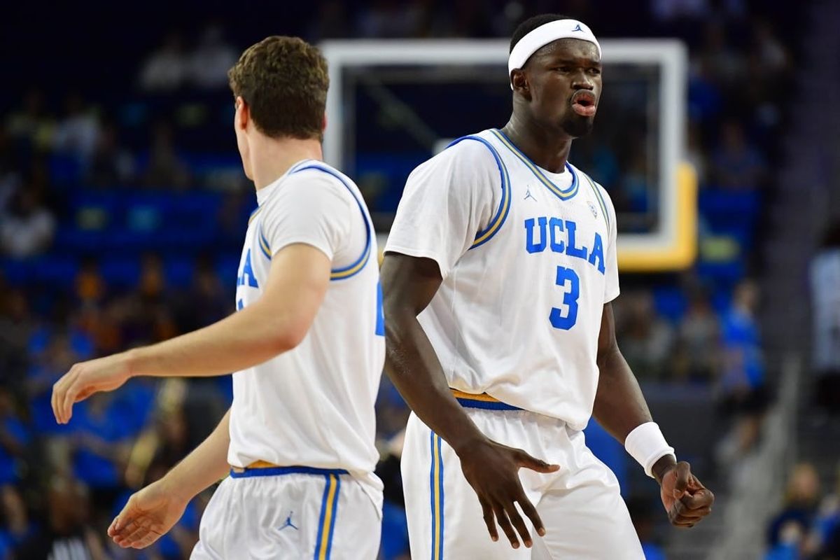 January 14, 2024; Los Angeles, California, USA; UCLA Bruins forward Adem Bona (3) reacts during the first half at Pauley Pavilion.