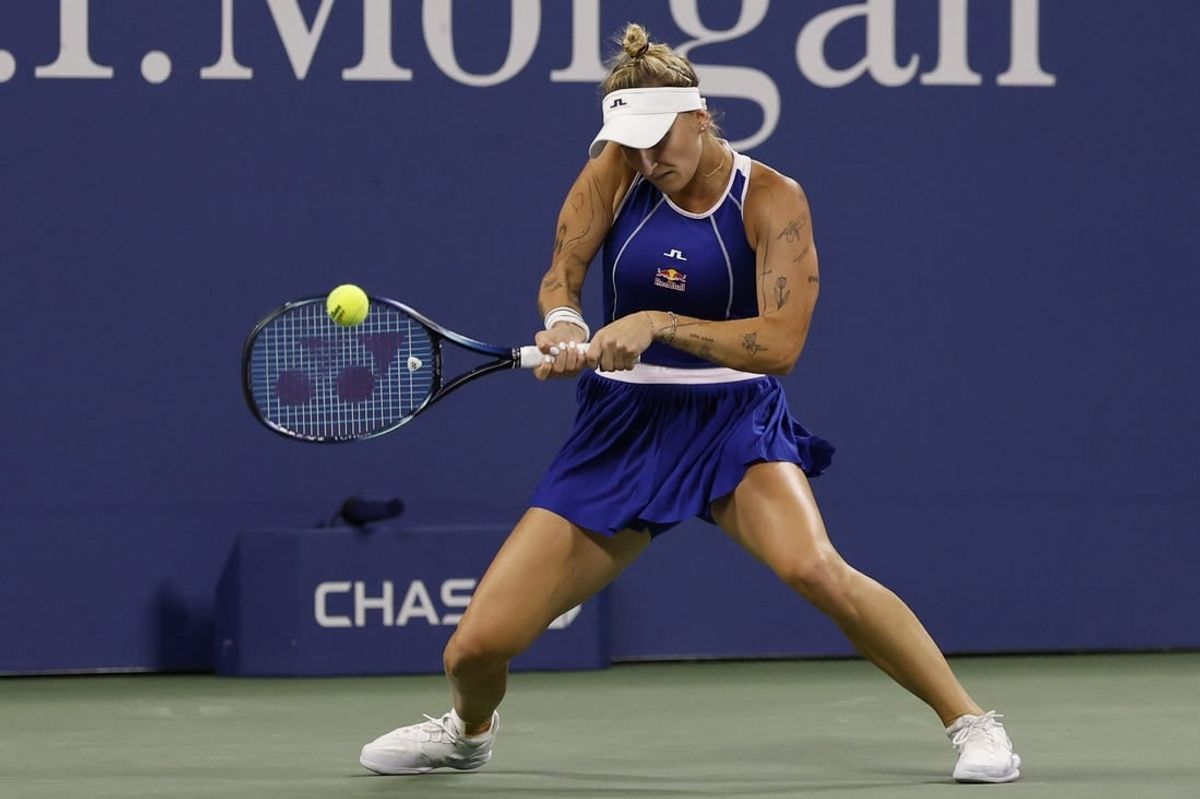 Sep 2, 2023; Flushing, NY, USA; Marketa Vondrusova of Czech Republic hits a backhand against Ekaterina Alexandrova (not pictured) on day six of the 2023 U.S. Open tennis tournament at USTA Billie Jean King National Tennis Center.
