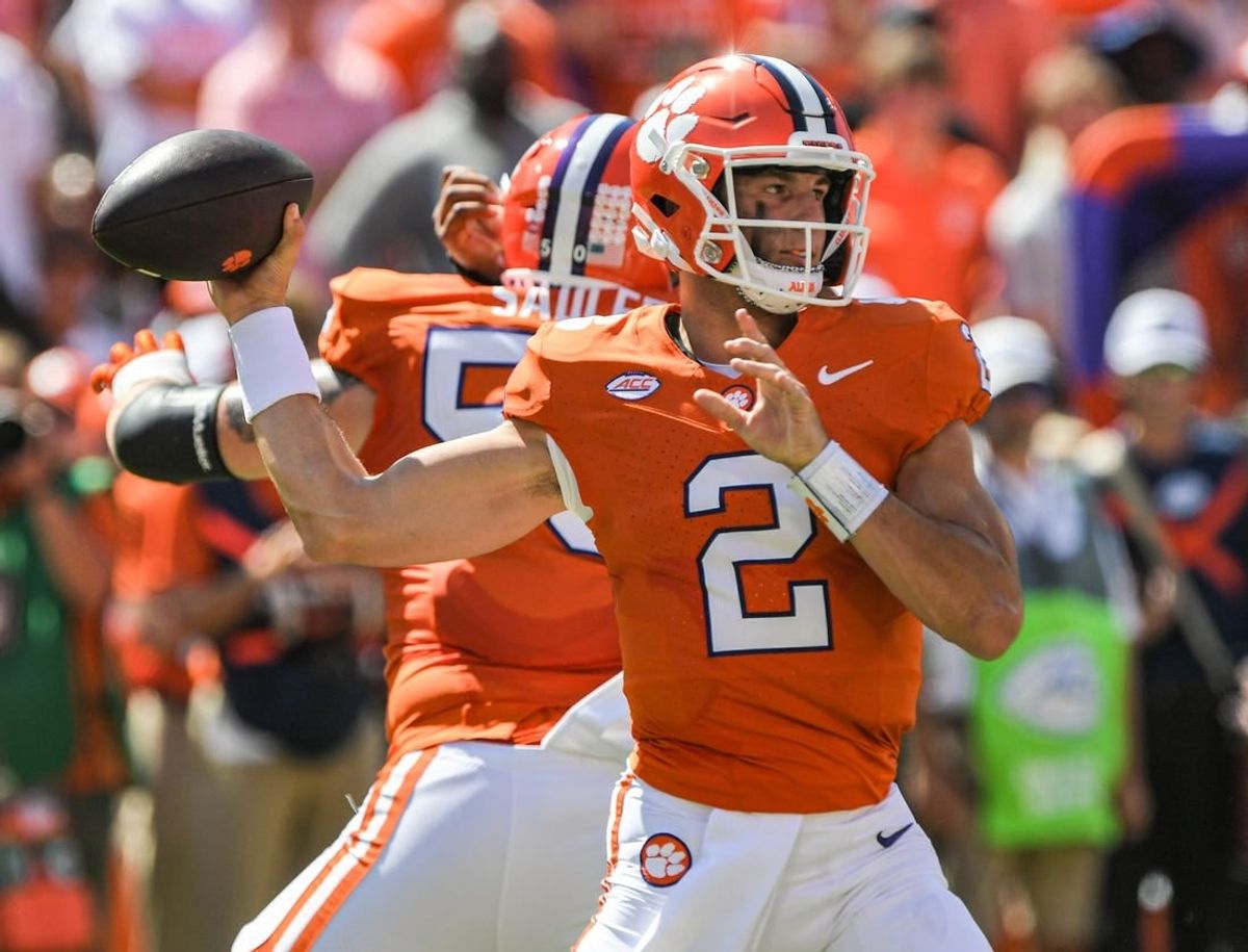 Sep 23, 2023; Clemson, South Carolina, USA; Clemson Tigers quarterback Cade Klubnik (2) throws a pass against the Florida State Seminoles during the first quarter at Memorial Stadium.