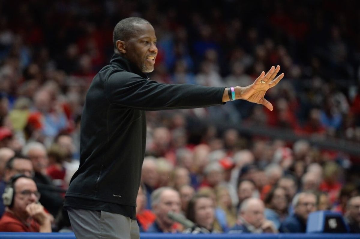 Feb 13, 2024; Dayton, Ohio, USA;  Dayton Flyers head coach Anthony Grant motions to the team during the game against Duquesne at University of Dayton Arena.