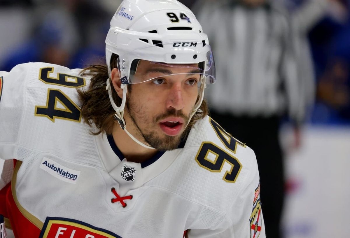 Feb 15, 2024; Buffalo, New York, USA;  Florida Panthers left wing Ryan Lomberg (94) waits for the face-off during the first period against the Buffalo Sabres at KeyBank Center.