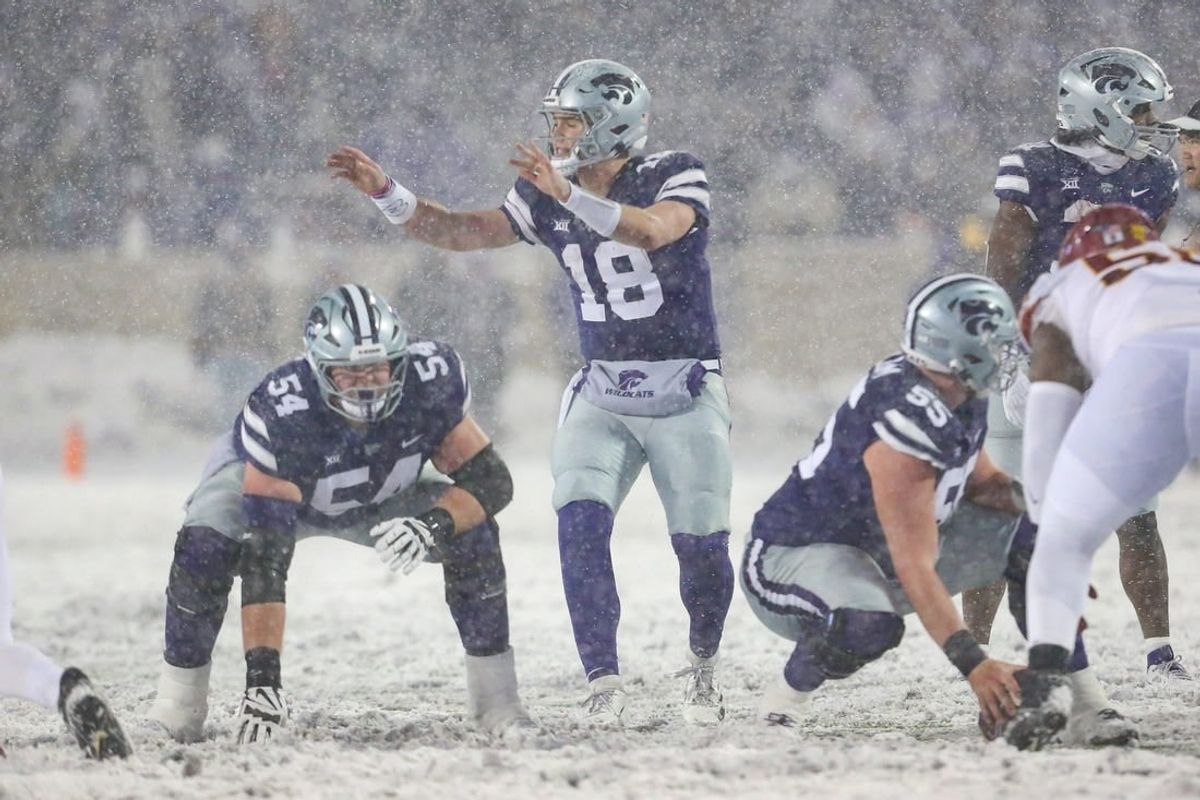 Nov 25, 2023; Manhattan, Kansas, USA; Kansas State Wildcats quarterback Will Howard (18) calls a play during the first quarter against the Iowa State Cyclones at Bill Snyder Family Football Stadium.