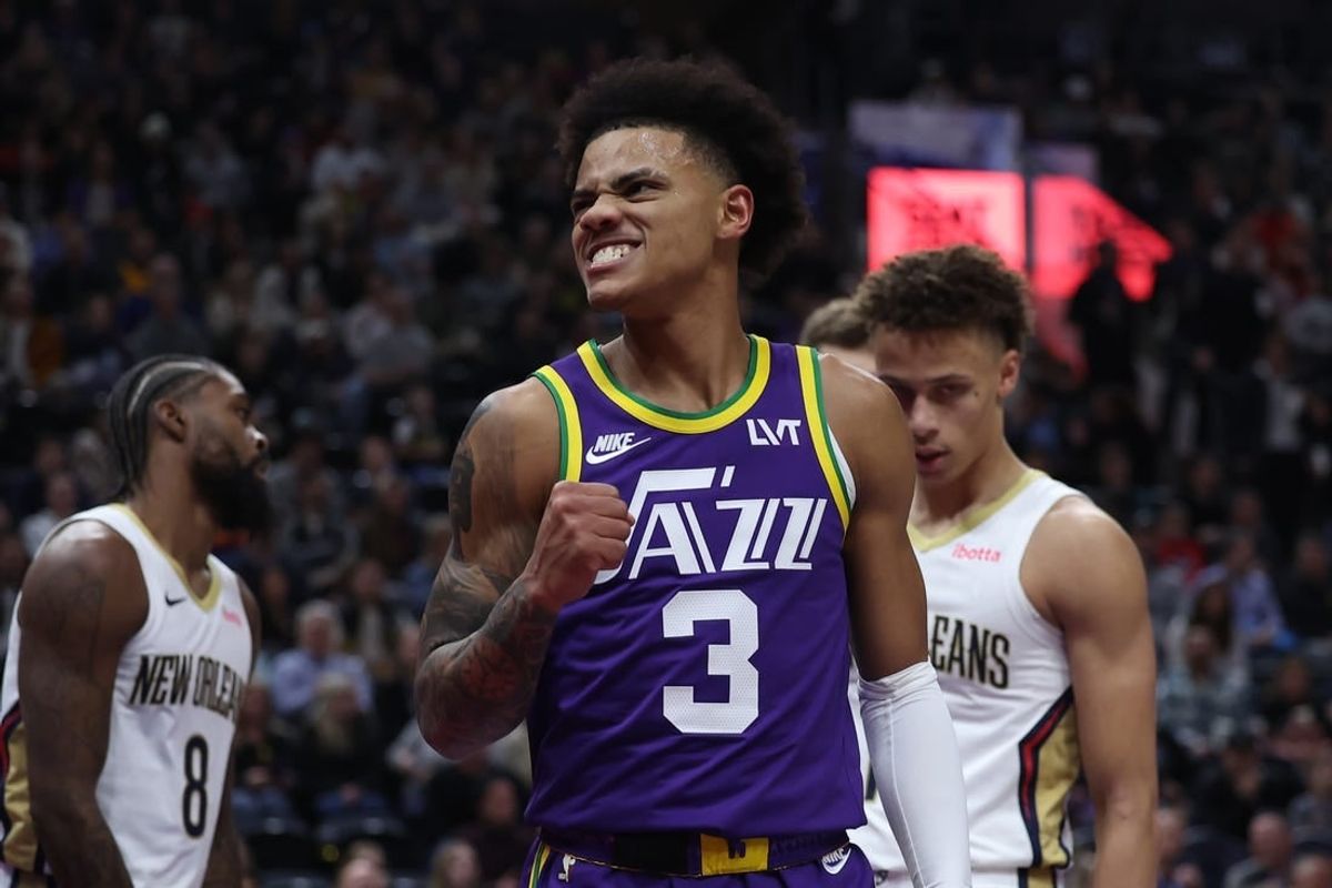 Nov 27, 2023; Salt Lake City, Utah, USA; Utah Jazz guard Keyonte George (3) reacts to a play against the New Orleans Pelicans in the first quarter at Delta Center.