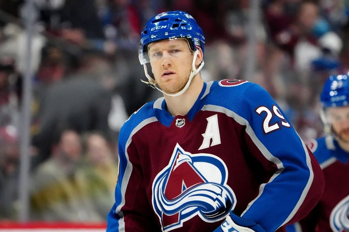 Feb 20, 2024; Denver, Colorado, USA; Colorado Avalanche center Nathan MacKinnon (29) before the game against the Vancouver Canucks at Ball Arena.