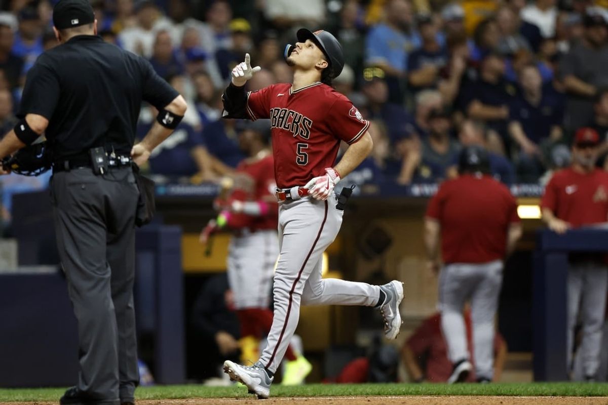 Oct 4, 2023; Milwaukee, Wisconsin, USA; Arizona Diamondbacks center fielder Alek Thomas (5) celebrates after hitting a home run in the fifth inning against the Milwaukee Brewers during game two of the Wildcard series for the 2023 MLB playoffs at American Family Field.