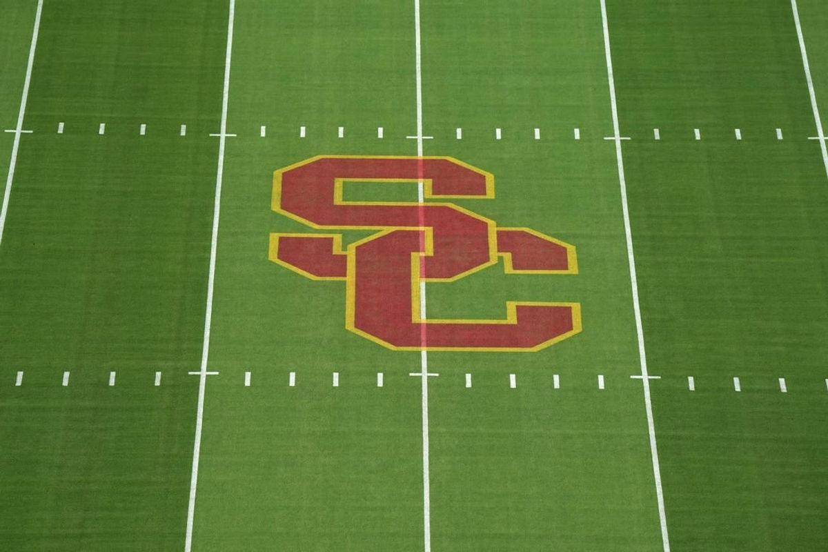 Sep 17, 2022; Los Angeles, California, USA; The SC Trojans logo at midfield at United Airlines Field at Los Angeles Memorial Coliseum before a game between the Fresno State Bulldogs and the Southern California Trojans.