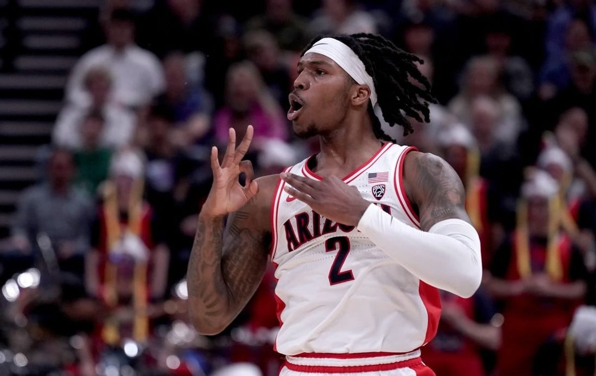 Mar 23, 2024; Salt Lake City, UT, USA; Arizona Wildcats guard Caleb Love (2) reacts after a basket during the first half in the second round of the 2024 NCAA Tournament against the Dayton Flyers at Vivint Smart Home Arena-Delta Center.