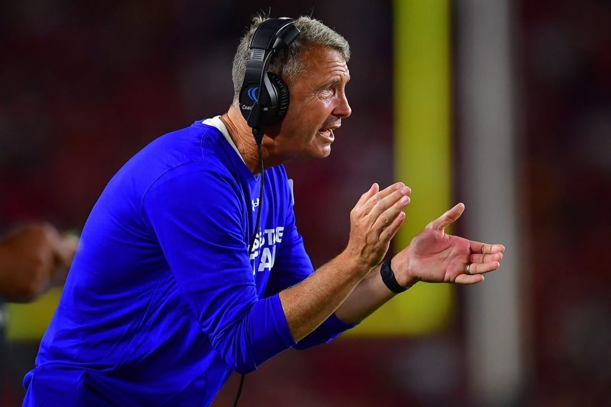 Aug 26, 2023; Los Angeles, California, USA; San Jose State Spartans head coach Brent Brennan watches game action against the Southern California Trojans during the second half at Los Angeles Memorial Coliseum.
