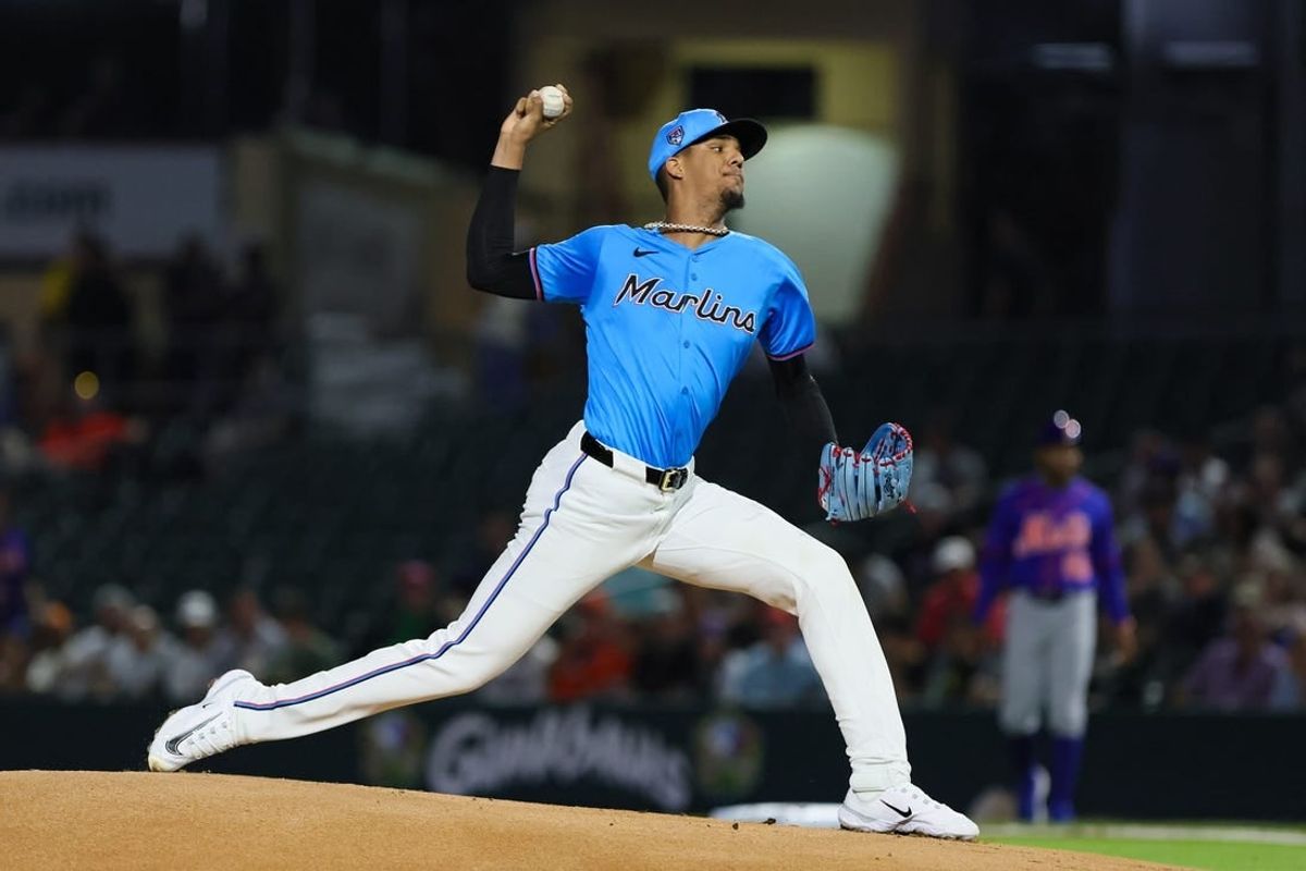Mar 8, 2024; Jupiter, Florida, USA; Miami Marlins starting pitcher Eury Perez (39) delivers a pitch against the New York Mets during the first inning at Roger Dean Chevrolet Stadium.