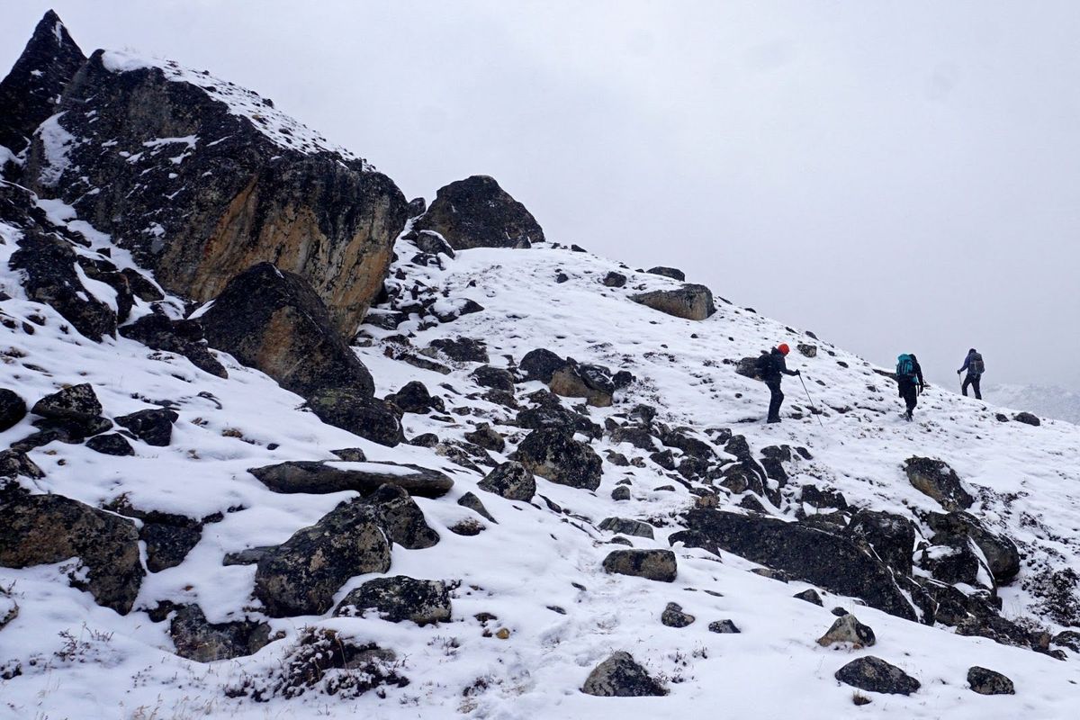 In this picture taken on April 30, 2021, mountaineers are seen trekking in the Mount Everest region of Solukhumbu district.