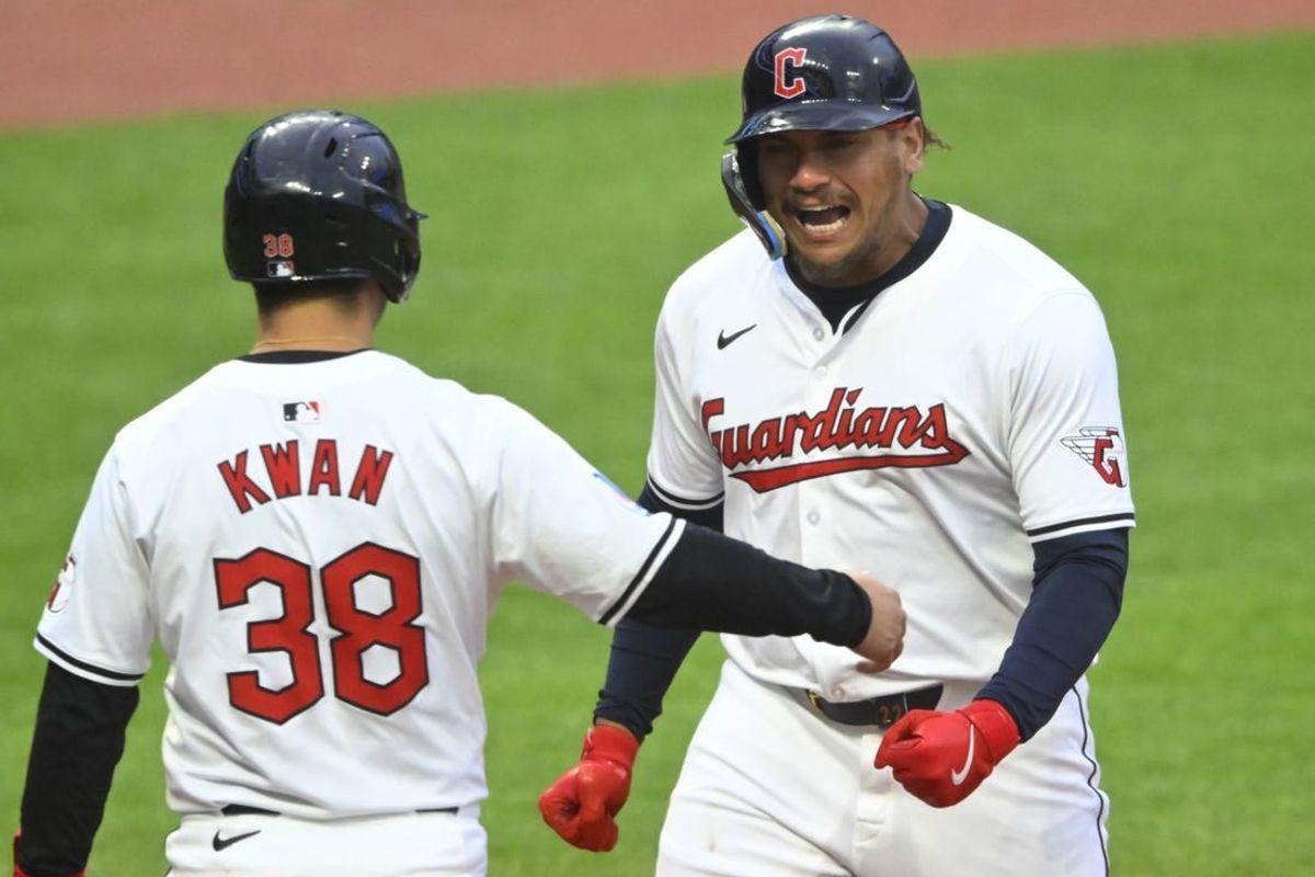 Apr 20, 2024; Cleveland, Ohio, USA; Cleveland Guardians designated hitter Josh Naylor (22) celebrates his two-run home run with left fielder Steven Kwan (38) in the fifth inning against the Oakland Athletics at Progressive Field.