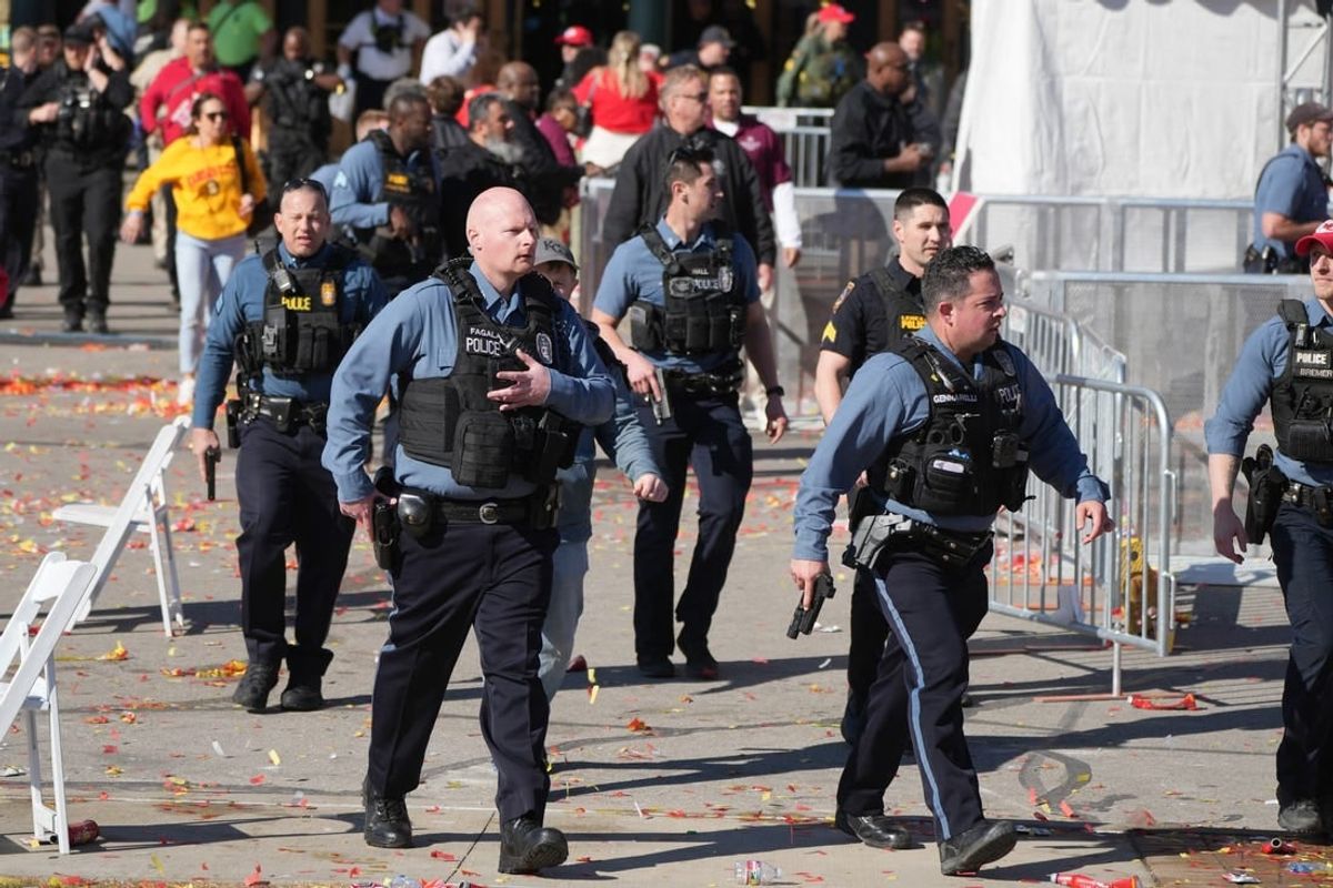 Feb 14, 2024; Kansas City, MO, USA; Police respond after gun shots were fired after the celebration of the Kansas City Chiefs winning Super Bowl LVIII.