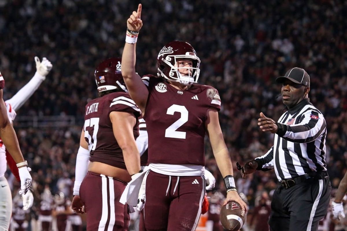 Nov 23, 2023; Starkville, Mississippi, USA; Mississippi State Bulldogs quarterback Will Rogers (2) reacts during the second half against the Mississippi Rebels at Davis Wade Stadium at Scott Field.
