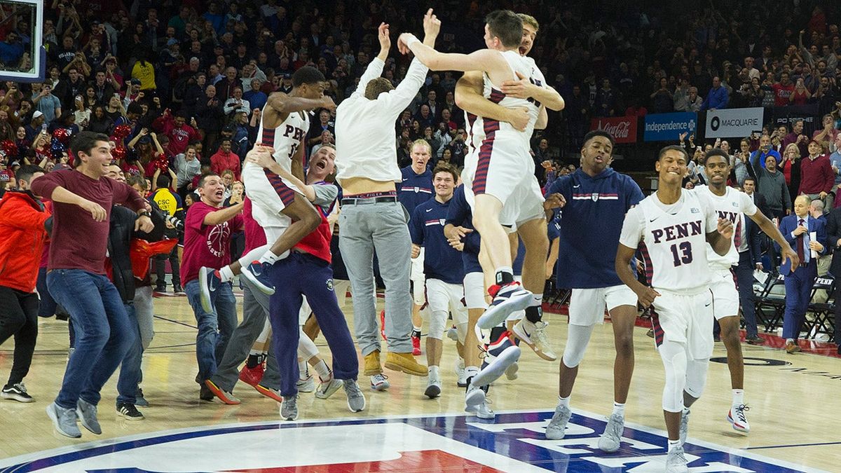 Penn celebrates right after knocking off Villanova, the Wildcats’ first city loss since 2012.