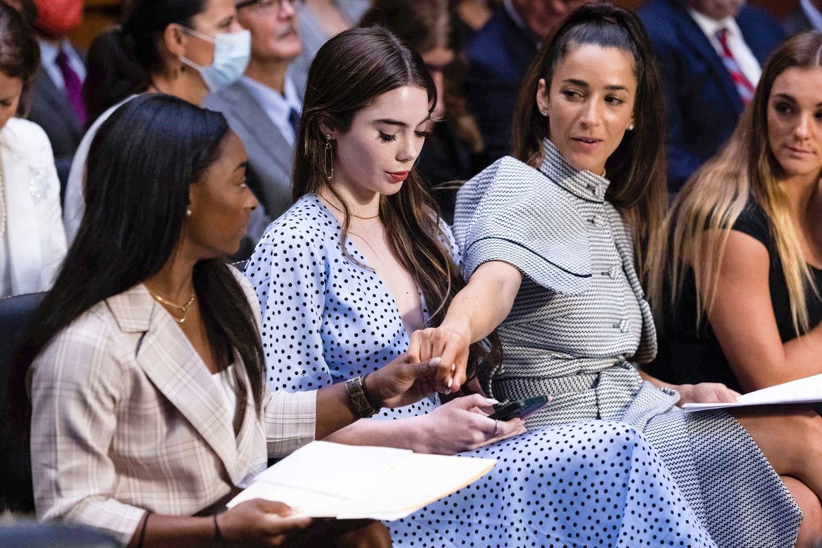 United  States  gymnasts  from  left,  Simone  Biles,  McKayla  Maroney,  Aly  Raisman  and  Maggie  Nichols  arrive  for  a  Senate  Judiciary  hearing  about  the  Inspector  General’s  report  on  the  FBI’s  handling  of  the  Larry  Nassar  investigation  on  Capitol  Hill,  Wednesday.