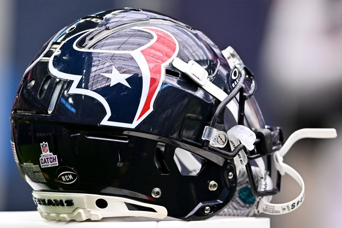 Oct 15, 2023; Houston, Texas, USA; A detailed view of a Curcial Catch decal on a Houston Texans helmet on the sideline prior to the game against the New Orleans Saints at NRG Stadium.