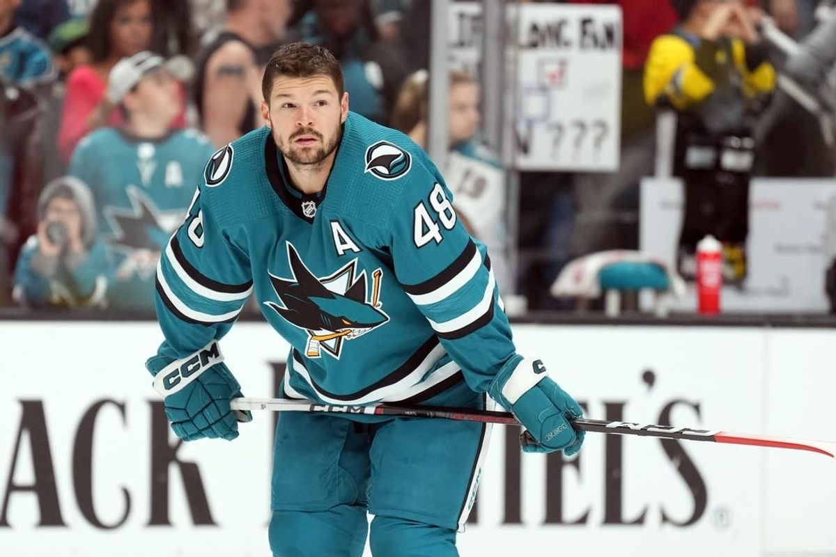 Nov 4, 2023; San Jose, California, USA; San Jose Sharks center Tomas Hertl (48) warms up before the game against the Pittsburgh Penguins at SAP Center at San Jose.