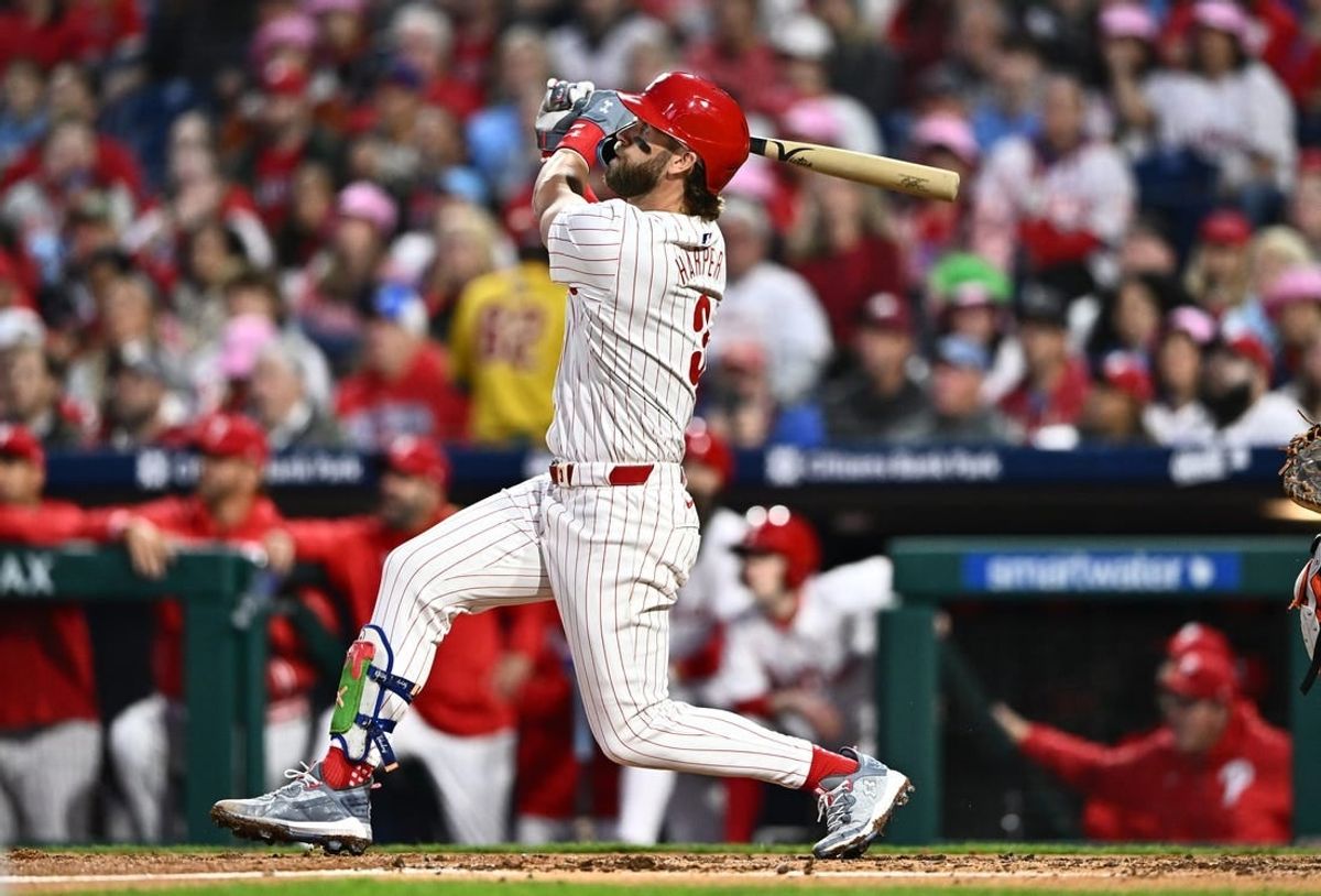 May 5, 2024; Philadelphia, Pennsylvania, USA; Philadelphia Phillies first baseman Bryce Harper (3) hits a three-run home run against the San Francisco Giants in the third inning at Citizens Bank Park.