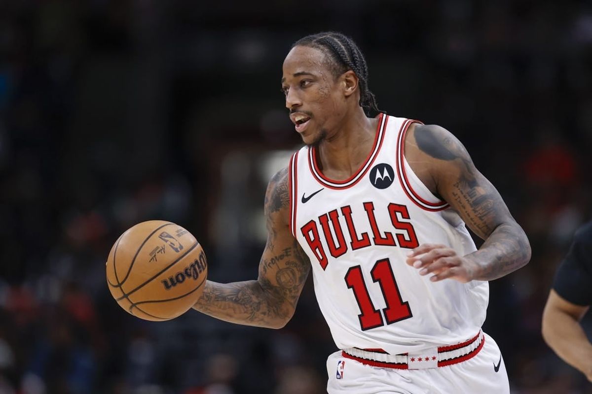 Dec 6, 2023; Chicago, Illinois, USA; Chicago Bulls forward DeMar DeRozan (11) brings the ball up court against the Charlotte Hornets during the second half at United Center.