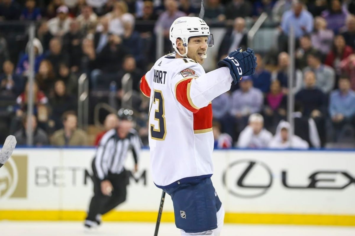 Mar 4, 2024; New York, New York, USA;  Florida Panthers center Sam Reinhart (13) celebrates after scoring a goal in the second period against the New York Rangers at Madison Square Garden.