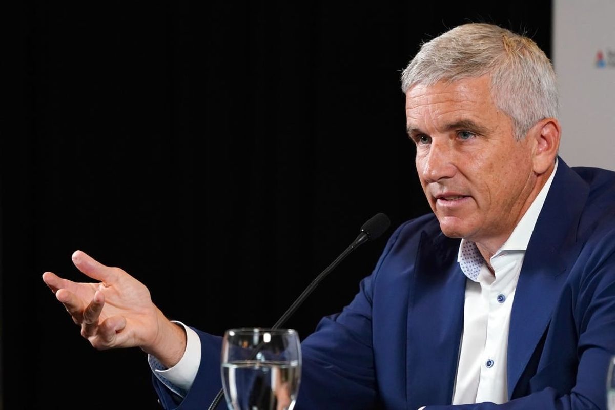 Aug 22, 2023; Atlanta, Georgia, USA; PGA Tour Commissioner Jay Monahan addresses the media during a press conference in the Clubhouse Ballroom at East Lake Golf Club prior to Thursday s start of the TOUR Championship golf tournament.