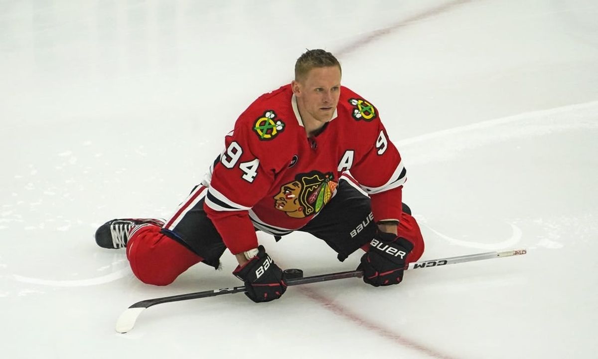 Nov 5, 2023; Chicago, Illinois, USA; Chicago Blackhawks right wing Corey Perry (94) warms up before the game against the New Jersey Devils at United Center.