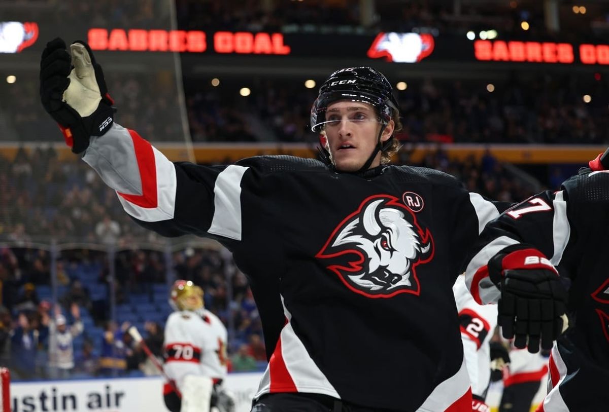Jan 11, 2024; Buffalo, New York, USA;  Buffalo Sabres right wing Tage Thompson (72) reacts after scoring a goal during the first period against the Ottawa Senators at KeyBank Center.