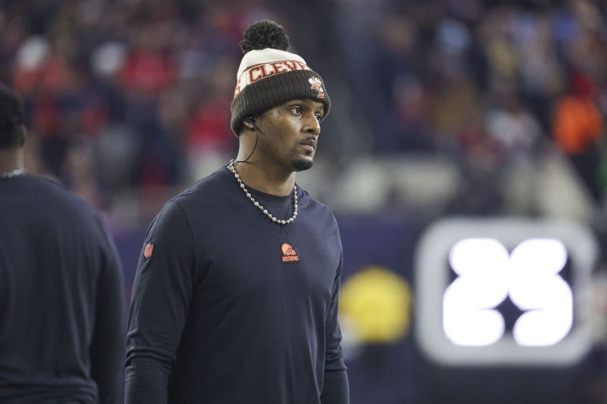 Jan 13, 2024; Houston, Texas, USA; Cleveland Browns quarterback Deshaun Watson looks on from the sideline in a 2024 AFC wild card game against the Houston Texans at NRG Stadium.