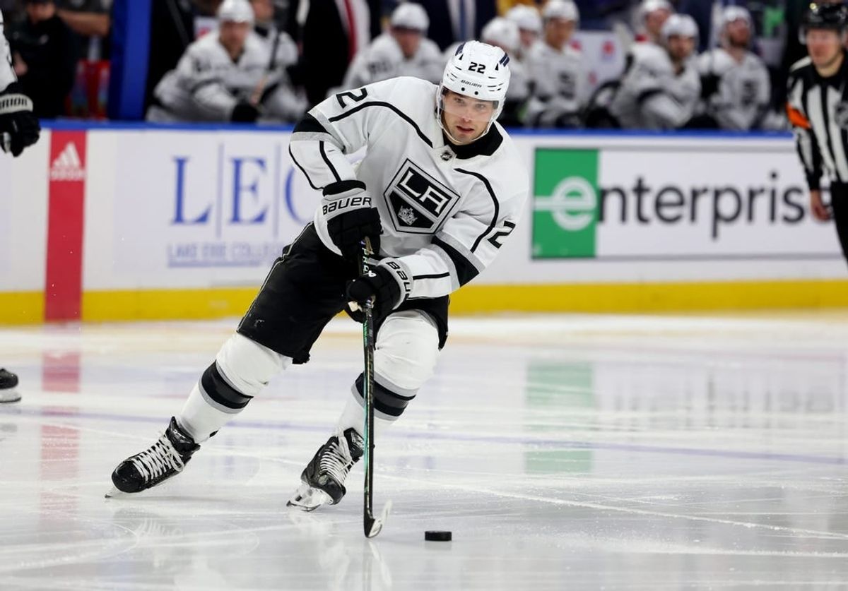 Feb 13, 2024; Buffalo, New York, USA;  Los Angeles Kings left wing Kevin Fiala (22) controls the puck during the third period against the Buffalo Sabres at KeyBank Center.