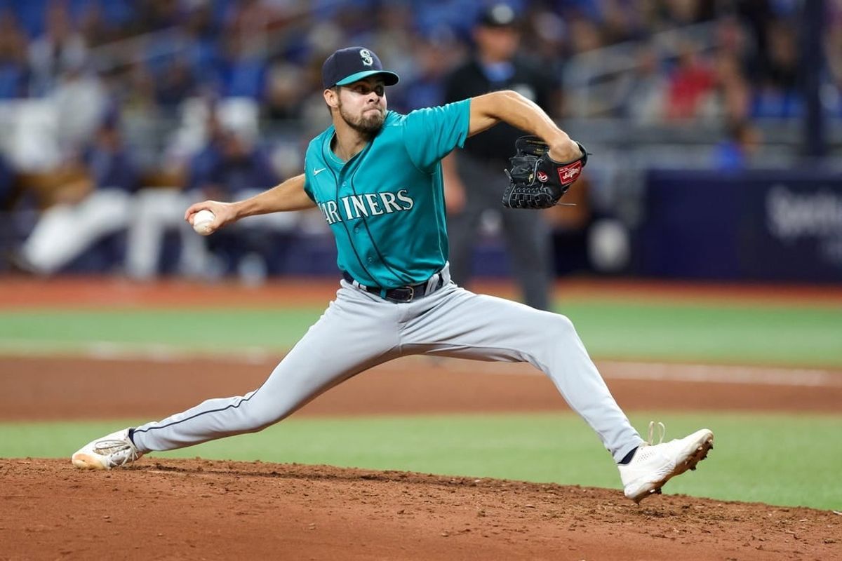 Sep 7, 2023; St. Petersburg, Florida, USA;  Seattle Mariners relief pitcher Matt Brash (47) throws a pitch against the Tampa Bay Rays in the eighth inning at Tropicana Field.