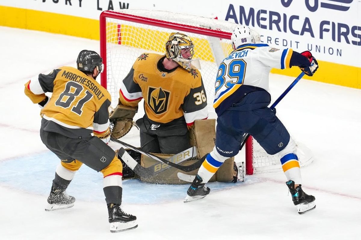 Dec 4, 2023; Las Vegas, Nevada, USA; St. Louis Blues left wing Pavel Buchnevich (89) scores a goal against Vegas Golden Knights goaltender Logan Thompson (36) in over time to give the Blues a 2-1 victory at T-Mobile Arena.
