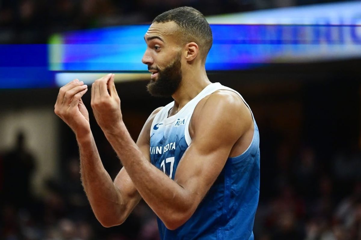 Mar 8, 2024; Cleveland, Ohio, USA;  Minnesota Timberwolves center Rudy Gobert (27) reacts after fouling out during the second half against the Cleveland Cavaliers at Rocket Mortgage FieldHouse.