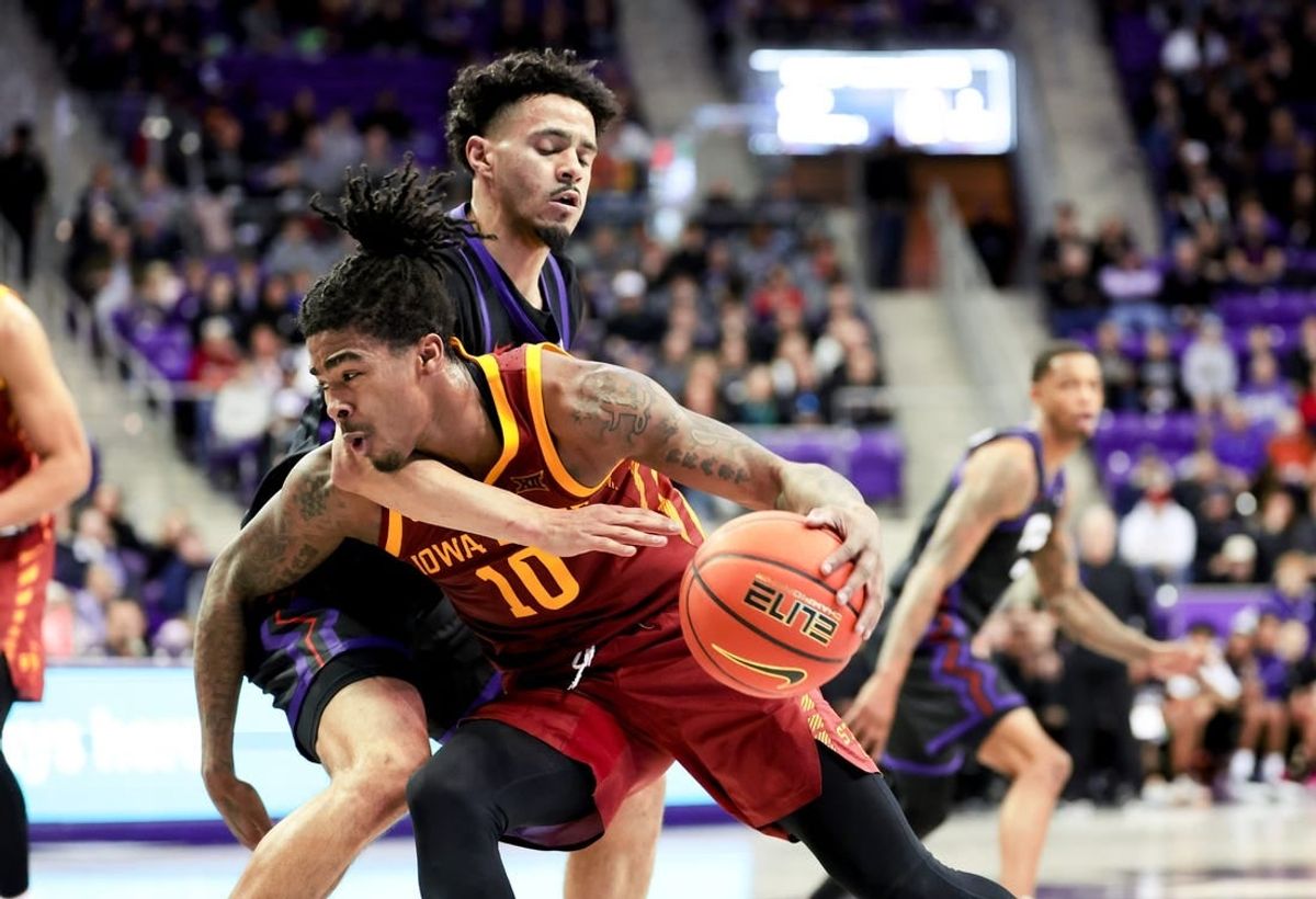 Jan 20, 2024; Fort Worth, Texas, USA;  Iowa State Cyclones guard Keshon Gilbert (10) drives to the basket as TCU Horned Frogs guard Trevian Tennyson (11) defends during the second half at Ed and Rae Schollmaier Arena.