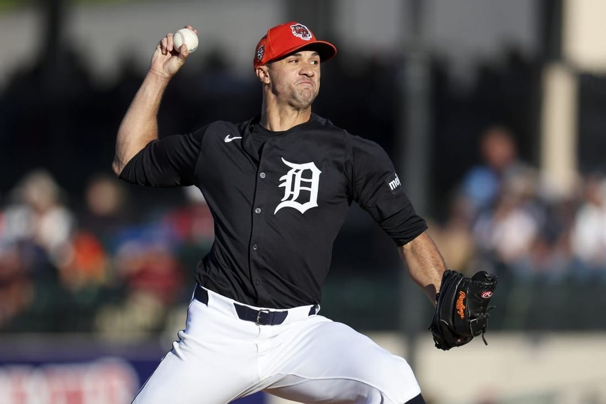 Mar 19, 2024; Lakeland, Florida, USA;  Detroit Tigers pitcher Jack Flaherty (45) throws a pitch against the Philadelphia Phillies in the first inning at Publix Field at Joker Marchant Stadium.