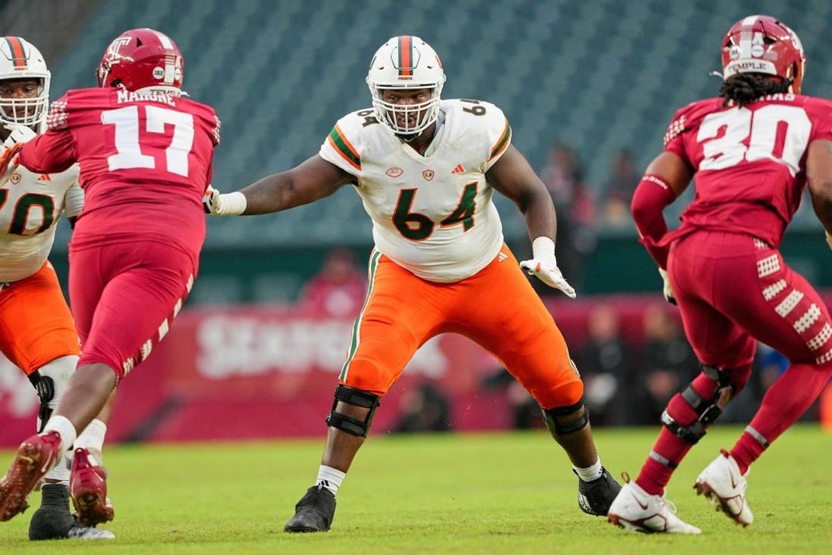 Sep 23, 2023; Philadelphia, Pennsylvania, USA;  Miami Hurricanes offensive lineman Jalen Rivers (64) sets up to block in the second half against the Temple Owls at Lincoln Financial Field.