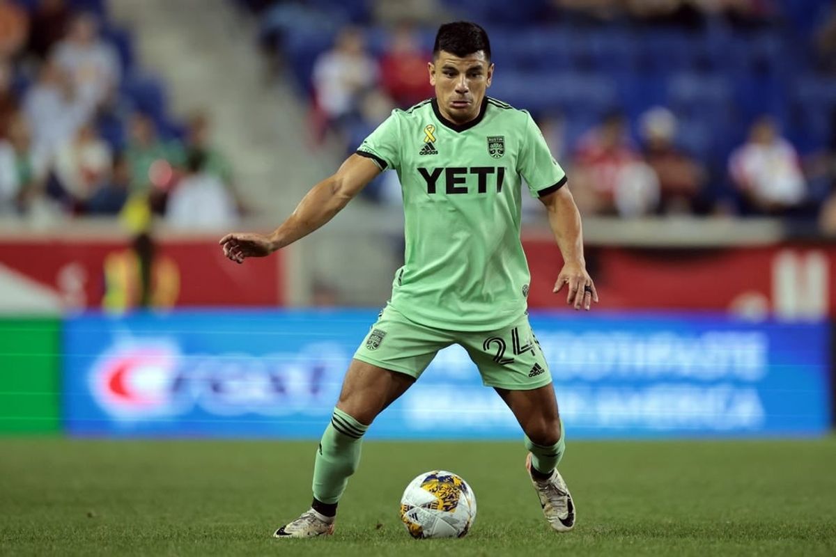 Sep 20, 2023; Harrison, New Jersey, USA; Austin FC defender Nick Lima (24) controls the ball in the first half against the New York Red Bulls at Red Bull Arena.