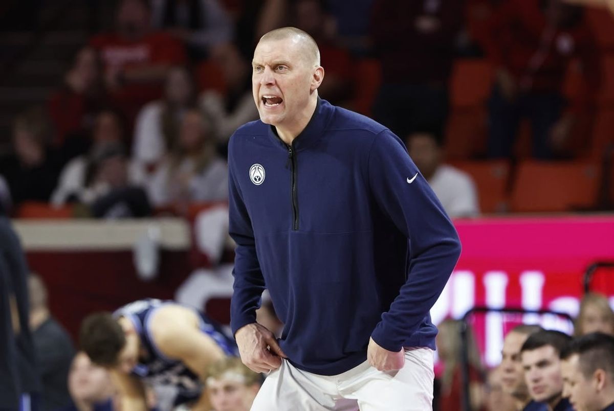Feb 6, 2024; Norman, Oklahoma, USA; Brigham Young Cougars head coach Mark Pope yells to his team on a play against the Oklahoma Sooners during the second half at Lloyd Noble Center.