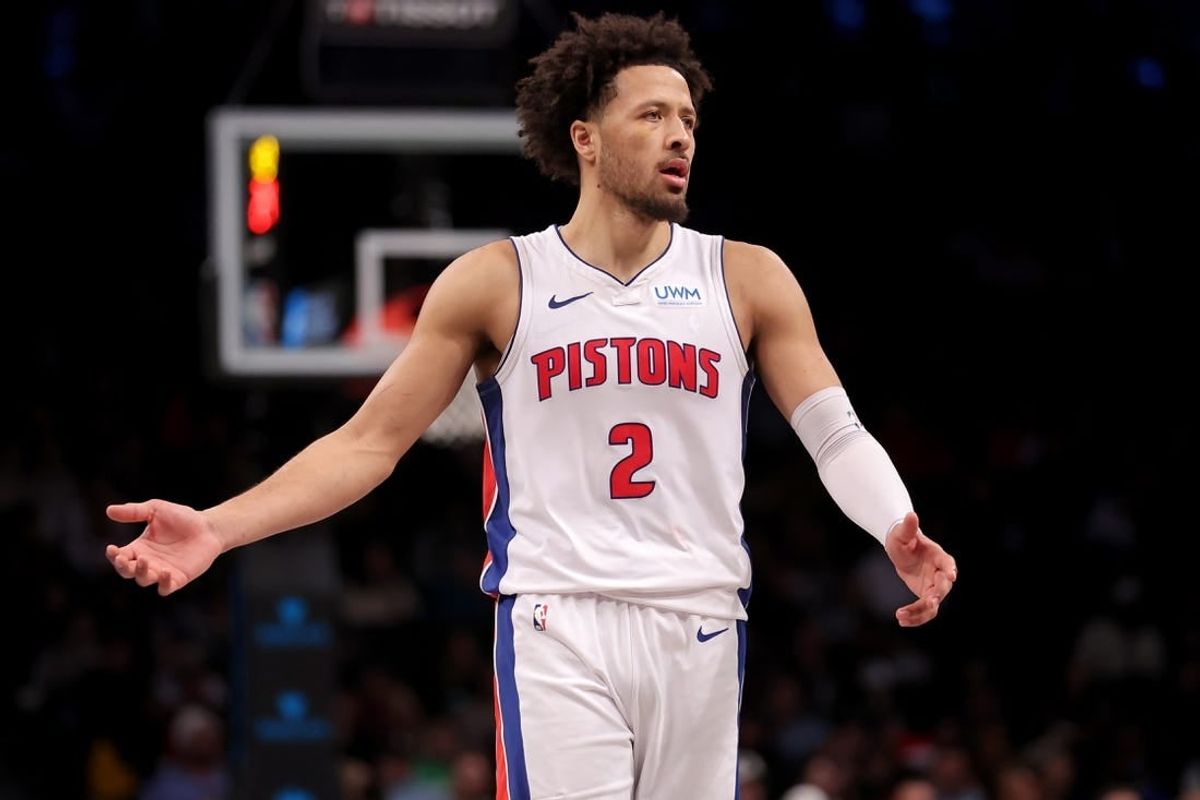Dec 23, 2023; Brooklyn, New York, USA; Detroit Pistons guard Cade Cunningham (2) reacts during the fourth quarter against the Brooklyn Nets at Barclays Center.