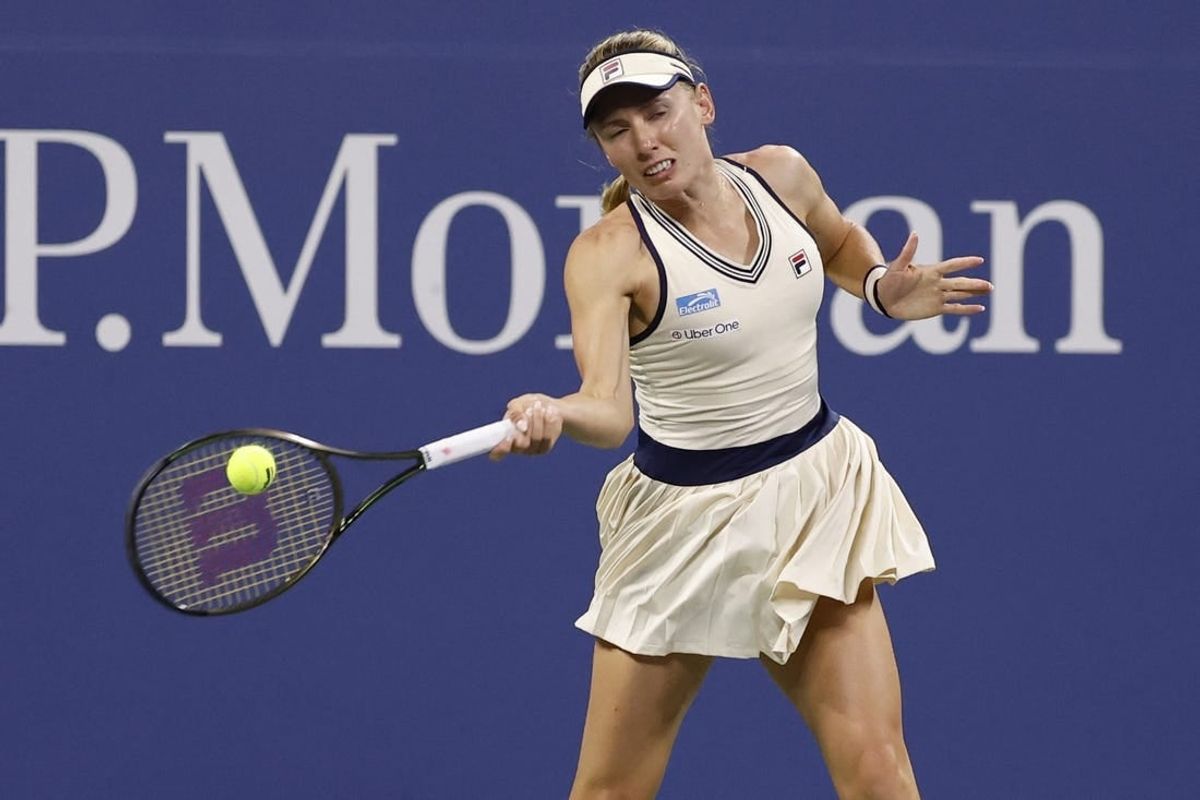 Sep 2, 2023; Flushing, NY, USA; Ekaterina Alexandrova hits a forehand against Marketa Vondrusova of Czech Republic (not pictured) on day six of the 2023 U.S. Open tennis tournament at USTA Billie Jean King National Tennis Center.