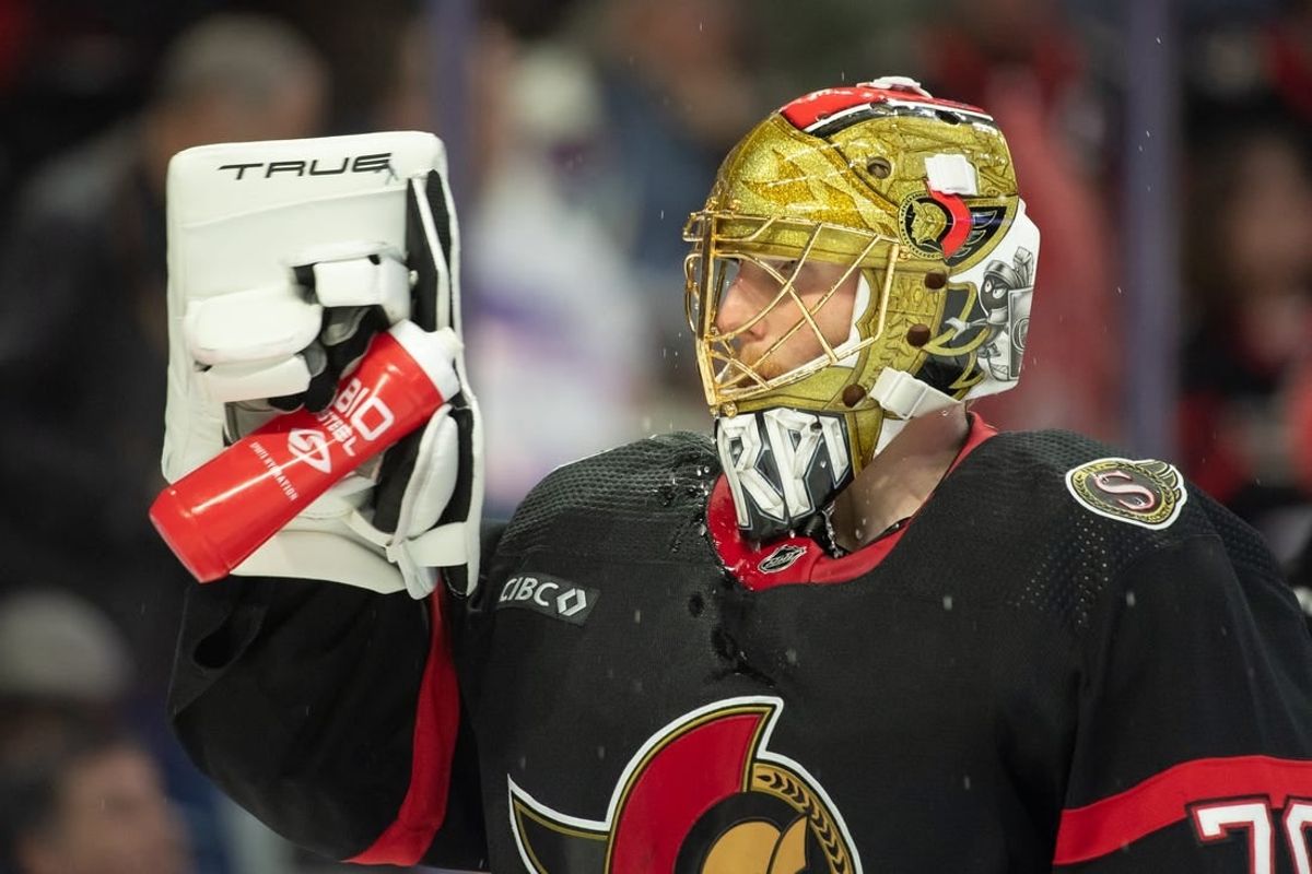 Nov 27 2023; Ottawa, Ontario, CAN; Ottawa Senators goalie Joonas Korpisalo (70) cools down prior to the start of the second period against the Florida Panthers at the Canadian Tire Centre.