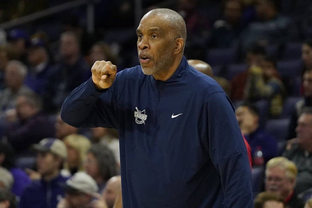 Dec 10, 2023; Evanston, Illinois, USA; Detroit Mercy Titans head coach Mike Davis gestures to his team during the first half at Welsh-Ryan Arena.