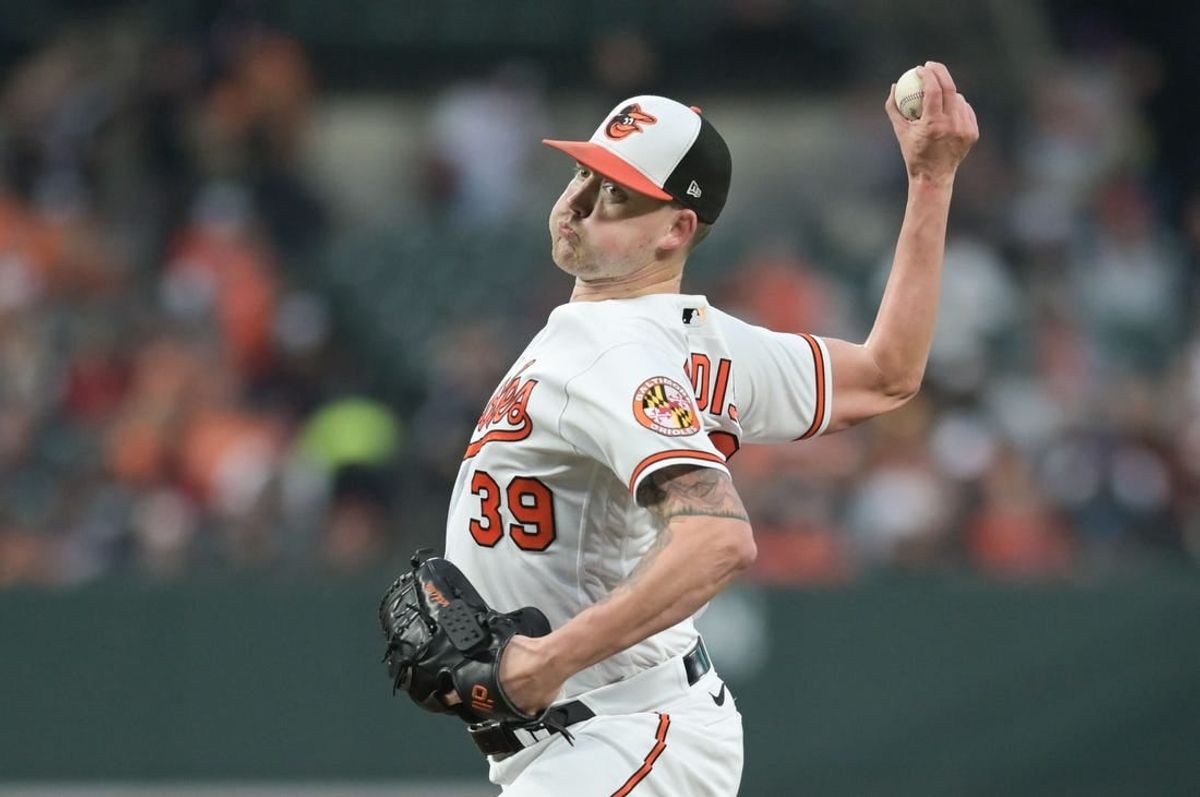 Sep 26, 2023; Baltimore, Maryland, USA;  Baltimore Orioles starting pitcher Kyle Bradish (39) throws a first inning pitch Washington Nationals at Oriole Park at Camden Yards.